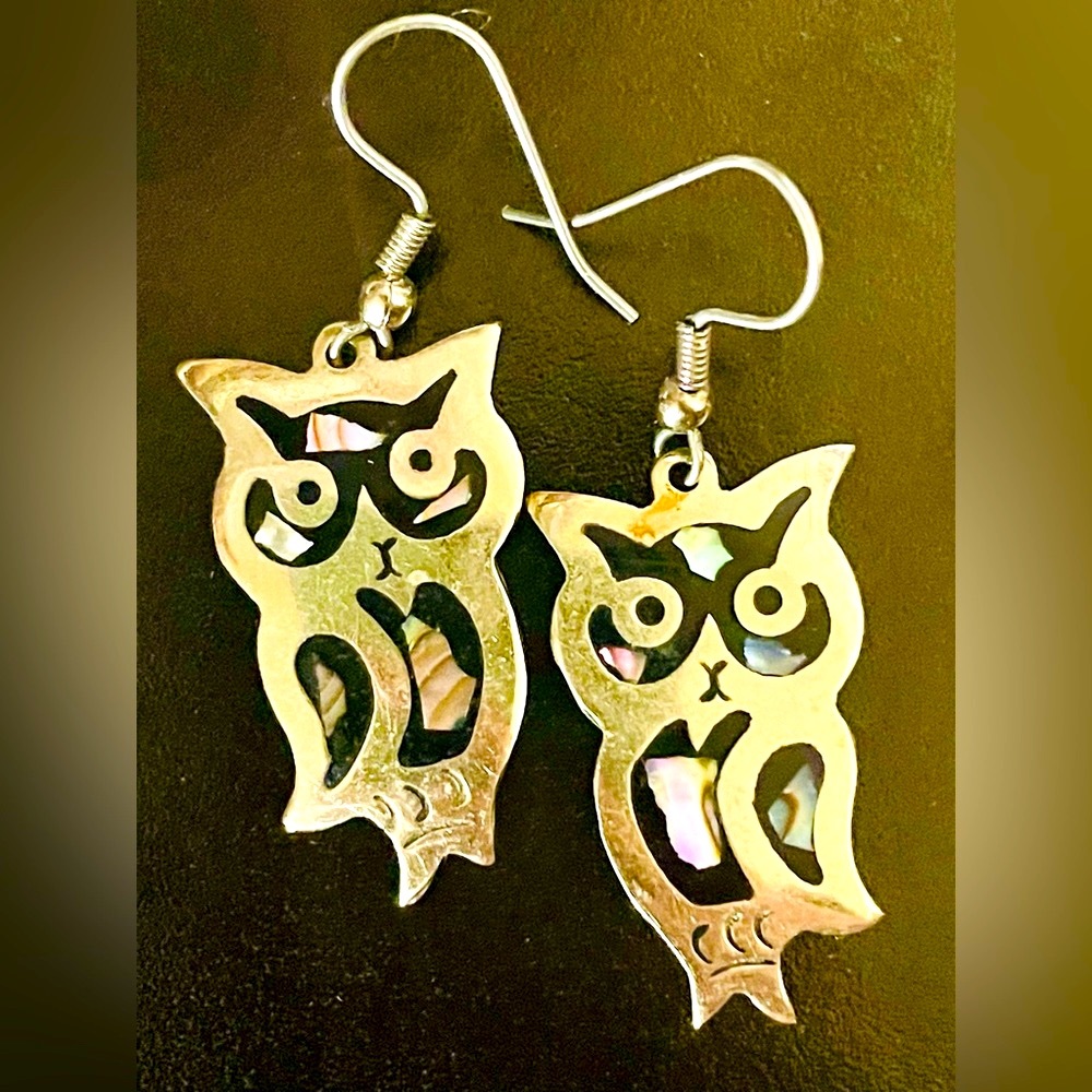 Vintage Alpaca Silver with Abalone Shell Black Onyx Owl Earrings - Picture 1 of 8